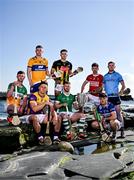 11 June 2024; Hurlers in attendance at the national launch of the GAA Hurling All-Ireland Senior Championship at Spanish Point in Clare, from left, Jason Sampson of Offaly, Lee Chin of Wexford, Tony Kelly of Clare,  Seamus Flanagan of Limerick, Paddy Deegan of Kilkenny, Ethan Twomey of Cork, David Dooley of Laois and Conor Donohoe of Dublin. Photo by Brendan Moran/Sportsfile