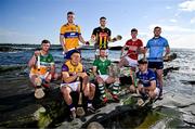 11 June 2024; Hurlers in attendance at the national launch of the GAA Hurling All-Ireland Senior Championship at Spanish Point in Clare, from left, Jason Sampson of Offaly, Lee Chin of Wexford, Tony Kelly of Clare,  Seamus Flanagan of Limerick, Paddy Deegan of Kilkenny, Ethan Twomey of Cork, David Dooley of Laois and Conor Donohoe of Dublin. Photo by Brendan Moran/Sportsfile