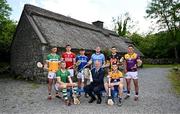 11 June 2024; Hurlers, from left, Jason Sampson of Offaly, Seamus Flanagan of Limerick, Ethan Twomey of Cork, David Dooley of Laois, Conor Donohoe of Dublin,   Tony Kelly of Clare, Paddy Deegan of Kilkenny and Lee Chin of Wexford with Uachtarán Chumann Lúthchleas Gael Jarlath Burns and the Liam MacCarthy cup during the national launch of the GAA Hurling All-Ireland Senior Championship at the Michael Cusack Centre in Carran, Clare. Photo by Brendan Moran/Sportsfile