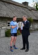 11 June 2024; Conor Donohoe of Dublin with Uachtarán Chumann Lúthchleas Gael Jarlath Burns and the Liam MacCarthy cup during the national launch of the GAA Hurling All-Ireland Senior Championship at the Michael Cusack Centre in Carran, Clare. Photo by Brendan Moran/Sportsfile