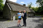 11 June 2024; Conor Donohoe of Dublin with Uachtarán Chumann Lúthchleas Gael Jarlath Burns and the Liam MacCarthy cup during the national launch of the GAA Hurling All-Ireland Senior Championship at the Michael Cusack Centre in Carran, Clare. Photo by Brendan Moran/Sportsfile