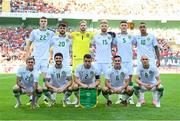 11 June 2024; The Republic of Ireland team, back row from left, Jake O'Brien, Troy Parrott, goalkeeper Caoimhin Kelleher, Liam Scales, Dara O'Shea and Adam Idah, with front row, from left, Sammie Szmodics, Robbie Brady, Seamus Coleman, Josh Cullen and Will Smallbone before the international friendly match between Portugal and Republic of Ireland at Estádio Municipal de Aveiro in Aveiro, Portugal. Photo by Stephen McCarthy/Sportsfile
