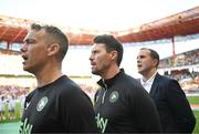 11 June 2024; Republic of Ireland interim head coach John O'Shea, right, with head of athletic performance Damien Doyle, left, and assistant coach Paddy McCarthy before the international friendly match between Portugal and Republic of Ireland at Estádio Municipal de Aveiro in Aveiro, Portugal. Photo by Stephen McCarthy/Sportsfile