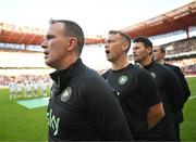 11 June 2024; Republic of Ireland assistant coach Glenn Whelan with, from left, head of athletic performance Damien Doyle, assistant coach Paddy McCarthy and interim head coach John O'Shea before the international friendly match between Portugal and Republic of Ireland at Estádio Municipal de Aveiro in Aveiro, Portugal. Photo by Stephen McCarthy/Sportsfile