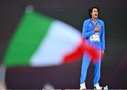 12 June 2024; Gold medallist Gianmarco Tamberi of Italy sings the national anthem at the High Jump Men Medal Ceremony during day six of the 2024 European Athletics Championships at the Stadio Olimpico in Rome, Italy. Photo by Sam Barnes/Sportsfile