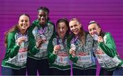 12 June 2024; The Ireland women's 4x400m relay team, from left, Sophie Becker, Rhasidat Adeleke, Phil Healy, Sharlene Mawdsley and Lauren Cadden with their silver medals at the medal ceremony during day six of the 2024 European Athletics Championships at the Stadio Olimpico in Rome, Italy. Photo by Sam Barnes/Sportsfile