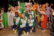 12 June 2024; The Ireland women's 4x400m relay team including Sophie Becker, Rhasidat Adeleke, Phil Healy, Sharlene Mawdsley and Lauren Cadden with their silver medals and supporters at the medal ceremony during day six of the 2024 European Athletics Championships at the Stadio Olimpico in Rome, Italy. Photo by Sam Barnes/Sportsfile