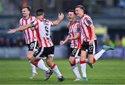 13 June 2024; Danny Mullen of Derry City celebrates with teammate Daniel Kelly, right, after scoring their side's second and winning goal during the SSE Airtricity Men's Premier Division match between Bohemians and Derry City at Dalymount Park in Dublin. Photo by Ben McShane/Sportsfile