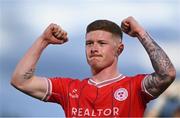 13 June 2024; Kameron Ledwidge of Shelbourne celebrates after his side's victory in the SSE Airtricity Men's Premier Division match between Waterford and Shelbourne at Regional Sports Centre in Waterford. Photo by Tyler Miller/Sportsfile