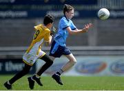 14 June 2024; Mark Kennedy of Dublin in action against Oliver Campbell of Antrim during the friendship games between Dublin Cumann na mBunscol and Antrim Cumann na mBunscol at Parnell Park in Dublin. Photo by Shauna Clinton/Sportsfile