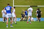 15 June 2024; Nathan Quigley of Cavan, 13, shoots to score his side's first goal during the Electric Ireland GAA Football All-Ireland Minor Championship Tier 2 final match between Cavan and Kildare at Páirc Tailteann in Navan, Meath. Photo by Tyler Miller/Sportsfile