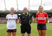 15 June 2024; Referee Brian Redmond with captains Ailbhe Davoren of Galway and Maire O’Callaghan of Cork before the TG4 All-Ireland Ladies Football Senior Championship Round 2 match between Cork and Galway at MTU Cork in Cork. Photo by David Fitzgerald/Sportsfile