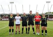15 June 2024; Referee Brian Redmond, centre, and fellow officials with captains Ailbhe Davoren of Galway and Maire O’Callaghan of Cork before the TG4 All-Ireland Ladies Football Senior Championship Round 2 match between Cork and Galway at MTU Cork in Cork. Photo by David Fitzgerald/Sportsfile