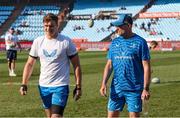 15 June 2024; Josh van der Flier and Leinster senior coach Jacques Nienaber walk the pitch before the United Rugby Championship semi-final match between Vodacom Bulls and Leinster at Loftus Versfeld Stadium in Pretoria, South Africa. Photo by Shaun Roy/Sportsfile