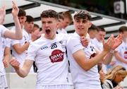 15 June 2024; Mick O'Toole of Kildare, left, celebrates from the substitute bench after his team score a point during the Electric Ireland GAA Football All-Ireland Minor Championship Tier 2 final match between Cavan and Kildare at Páirc Tailteann in Navan, Meath. Photo by Tyler Miller/Sportsfile