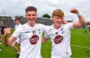 15 June 2024; Ollie Deller, left, and Finn Dowling of Kildare celebrate after their side's victory in the Electric Ireland GAA Football All-Ireland Minor Championship Tier 2 final match between Cavan and Kildare at Páirc Tailteann in Navan, Meath. Photo by Tyler Miller/Sportsfile