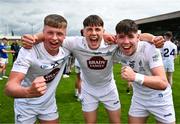 15 June 2024; Kildare players, from left, Peter Fagan, Darragh Colton and Luke Murray celebrate after their side's victory in the Electric Ireland GAA Football All-Ireland Minor Championship Tier 2 final match between Cavan and Kildare at Páirc Tailteann in Navan, Meath. Photo by Tyler Miller/Sportsfile
