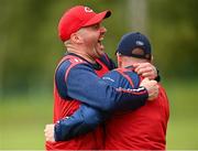 15 June 2024; Cork manager Shane Ronayne, left, celebrates with selector Tomás Mac a' tSaoir after the TG4 All-Ireland Ladies Football Senior Championship Round 2 match between Cork and Galway at MTU Cork in Cork. Photo by David Fitzgerald/Sportsfile
