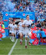 15 June 2024; Leinster co-captain James Ryan leads out his side before the United Rugby Championship semi-final match between Vodacom Bulls and Leinster at Loftus Versfeld Stadium in Pretoria, South Africa. Photo by Shaun Roy/Sportsfile
