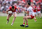 15 June 2024; Kevin Flahive of Cork in action against Darragh Canavan of Tyrone during the GAA Football All-Ireland Senior Championship Round 3 match between Cork and Tyrone at Glenisk O'Connor Park in Tullamore, Offaly. Photo by Piaras Ó Mídheach/Sportsfile