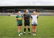 15 June 2024; Referee Jonathan Murphy with Kerry captain Niamh Carmody, left, and Waterford captain Kellyann Hogan before the TG4 All-Ireland Ladies Football Senior Championship Round 2 match between Kerry and Waterford at Fitzgerald Stadium in Killarney, Kerry. Photo by Michael P Ryan/Sportsfile