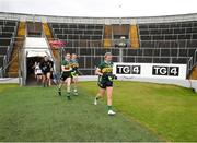 15 June 2024; Kerry captain Niamh Carmody leads her team out before the TG4 All-Ireland Ladies Football Senior Championship Round 2 match between Kerry and Waterford at Fitzgerald Stadium in Killarney, Kerry. Photo by Michael P Ryan/Sportsfile