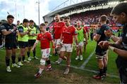 15 June 2024; Dejected Munster players, including Craig Casey, RG Snyman and Shane Daly after the United Rugby Championship semi-final match between Munster and Glasgow Warriors at Thomond Park in Limerick. Photo by Brendan Moran/Sportsfile