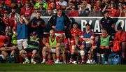 15 June 2024; Munster players, including Alex Nankivell, Jeremy Loughman, Simon Zebo, John Hodnett, Craig Casey, Jack O'Donoghue, Niall Scannell and team manager Niall O'Donovan look on during the United Rugby Championship semi-final match between Munster and Glasgow Warriors at Thomond Park in Limerick. Photo by Brendan Moran/Sportsfile