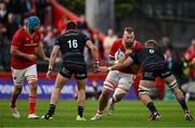 15 June 2024; RG Snyman of Munster is tackled by Matt Fagerson of Glasgow Warriors during the United Rugby Championship semi-final match between Munster and Glasgow Warriors at Thomond Park in Limerick. Photo by Brendan Moran/Sportsfile