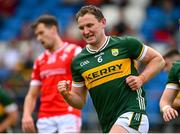 16 June 2024; Tadhg Morley of Kerry celebrates after scoring his side's second goal during the GAA Football All-Ireland Senior Championship Round 3 match between Kerry and Louth at MW Hire O'Moore Park in Portlaoise, Laois. Photo by Tyler Miller/Sportsfile