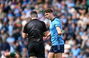 16 June 2024; Michael Fitzsimons of Dublin argues with referee Martin McNally near the end of the GAA Football All-Ireland Senior Championship Round 3 match between Dublin and Mayo at Dr Hyde Park in Roscommon. Photo by Daire Brennan/Sportsfile