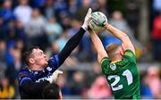 16 June 2024; Conor Gray of Meath in action against Monaghan goalkeeper Rory Beggan during the GAA Football All-Ireland Senior Championship Round 3 match between Monaghan and Meath at Kingspan Breffni in Cavan. Photo by Ben McShane/Sportsfile