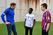 19 June 2024; Laois footballer Kieran Lillis with attendees Prince Oksanya, centre, and Sam Guinan during the launch of the M. Donnelly GAA Football for ALL (FFA) coaching day at the GAA National Games Development Centre in Dublin. Photo by Tyler Miller/Sportsfile