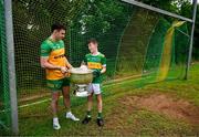 18 June 2024; In attendance at the launch of the GAA Football All-Ireland Senior Championship National 2024 at The Glen Centre in Maghera, Derry, are Caolan McColgan of Donegal and Fintan O'Kane, age 11, from Watty Grahams GAC Glen and the Sam Maguire Cup. Photo by Brendan Moran/Sportsfile