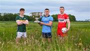 18 June 2024; Footballers Ruairi Murphy of Kerry, Brian Howard of Dublin and Emmett Bradley of Derry with the Sam Maguire Cup during the launch of the GAA Football All-Ireland Senior Championship National 2024 at Lough Beg in Derry. Photo by Brendan Moran/Sportsfile