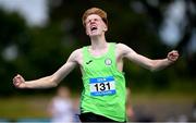 22 June 2024; Bobby  Moore of Woodbrook College, representing Leinster, celebrates after winning the Boys 800m during the 123.ie Tailteann Interprovincial Games at Morton Stadium in Santry, Dublin. Photo by Tyler Miller/Sportsfile