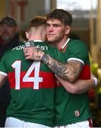 22 June 2024; Mayo players Jordan Flynn, right, and Jack Carney after their side's defeat in the GAA Football All-Ireland Senior Championship preliminary quarter-final match between Mayo and Derry at Hastings Insurance MacHale Park in Castlebar, Mayo. Photo by Seb Daly/Sportsfile