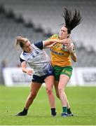 23 June 2024; Katie Herron of Donegal in action against Kellyann Hogan of Waterford during the TG4 All-Ireland Ladies Football Senior Championship Round 3 match between Waterford and Donegal at Walsh Park in Waterford. Photo by Seb Daly/Sportsfile