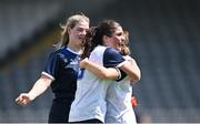 23 June 2024; Waterford players Hannah Power, centre, and Kate McGrath, right, celebrate after their side's victory in the TG4 All-Ireland Ladies Football Senior Championship Round 3 match between Waterford and Donegal at Walsh Park in Waterford. Photo by Seb Daly/Sportsfile