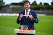 23 June 2024; LGFA President Mícheál Naughton draws Kerry during the draw for the TG4 All-Ireland Ladies Football Senior Championship quarter-finals, following the Round 3 match between Meath and Tipperary at Páirc Tailteann in Navan, Meath. Photo by Brendan Moran/Sportsfile