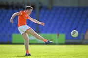 23 June 2024; Dáithí O'Callaghan of Armagh has a shot on goal which rebounds off the post during the Electric Ireland GAA Football All-Ireland Minor Championship semi-final match between Armagh and Mayo at Glennon Brothers Pearse Park in Longford. Photo by Sam Barnes/Sportsfile