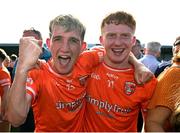 23 June 2024; Fionn Toale, left, and James McCooe of Armagh celebrate after their side's victory in the Electric Ireland GAA Football All-Ireland Minor Championship semi-final match between Armagh and Mayo at Glennon Brothers Pearse Park in Longford. Photo by Sam Barnes/Sportsfile