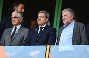 11 June 2024; FAI President Paul Cooke, right, with President of the Portuguese Football Federation, Fernando Gomes and President of the Assembly of the Republic of Portugal, José Pedro Aguiar-Branco, left, before the international friendly match between Portugal and Republic of Ireland at Estádio Municipal de Aveiro in Aveiro, Portugal. Photo by Stephen McCarthy/Sportsfile