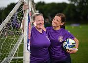 26 June 2024; Participants Alison Mulligan Carroll, left, and Nataliya O'Connor during an FAI Cadbury Kick Fit session at Rosemount Mulvey FC in Dublin. The FAI Cadbury Kick Fit programme is a nationwide initiative in partnership with the Football Association of Ireland to drive greater participation in women’s football for those who want to have fun, improve their fitness and meet new people this summer. Photo by Stephen McCarthy/Sportsfile