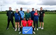 28 June 2024; In attendance, from left, referee Eoin Fagan, DLR Waves assistant coach Aoibh Hall, St Mochta's FC coach Richie Stevenson, Corduff FC under-11 players Peter, left, and Paul Akinlabi, referee Instructor Paula Brady, St Mochta's FC head of academy Cillian Fitzmaurice, Shelbourne player Roma McLaughlin and referee Paul Farrell during the FAI Safeguarding Awareness Campaign launch at the FAI National Training Centre in Abbotstown, Dublin. Photo by Harry Murphy/Sportsfile