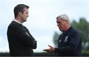 28 June 2024; Dundalk manager Jon Daly, left, and Waterford manager Keith Long converse before the SSE Airtricity Men's Premier Division match between Dundalk and Waterford at Oriel Park in Dundalk, Louth. Photo by Shauna Clinton/Sportsfile