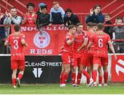 28 June 2024; Shelbourne players celebrate after John Martin, 10, scored their side's first goal during the SSE Airtricity Men's Premier Division match between Shelbourne and Galway United at Tolka Park in Dublin. Photo by Stephen McCarthy/Sportsfile