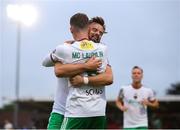 28 June 2024; Evan Mclaughlin of Cork City is congratulated by teammate Greg Bolger after he scored his sides first goal during the SSE Airtricity Men's First Division match between Cork City and Bray Wanderers at Turner's Cross in Cork. Photo by Michael P Ryan/Sportsfile