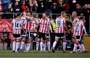 28 June 2024; Daniel Kelly of Derry City, second from left, celebrates with teammates, including Patrick Hoban, third from left, after scoring their side's third goal during the SSE Airtricity Men's Premier Division match between Derry City and Drogheda United at The Ryan McBride Brandywell Stadium in Derry. Photo by Ben McShane/Sportsfile