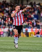 28 June 2024; Patrick Hoban of Derry City celebrates after scoring his side's fourth goal during the SSE Airtricity Men's Premier Division match between Derry City and Drogheda United at The Ryan McBride Brandywell Stadium in Derry. Photo by Ben McShane/Sportsfile